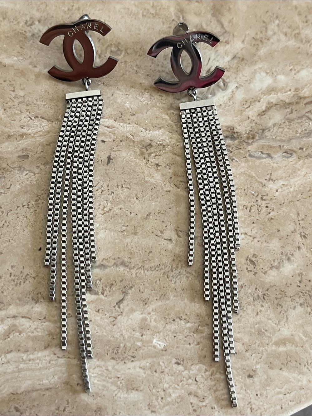 Silver CC Logo Chain Tassel Earrings